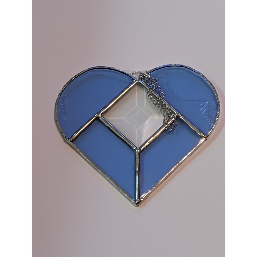 Handmade Stained Glass Heart Suncatcher - Slate Blue 3D Beveled Window Art 4.5